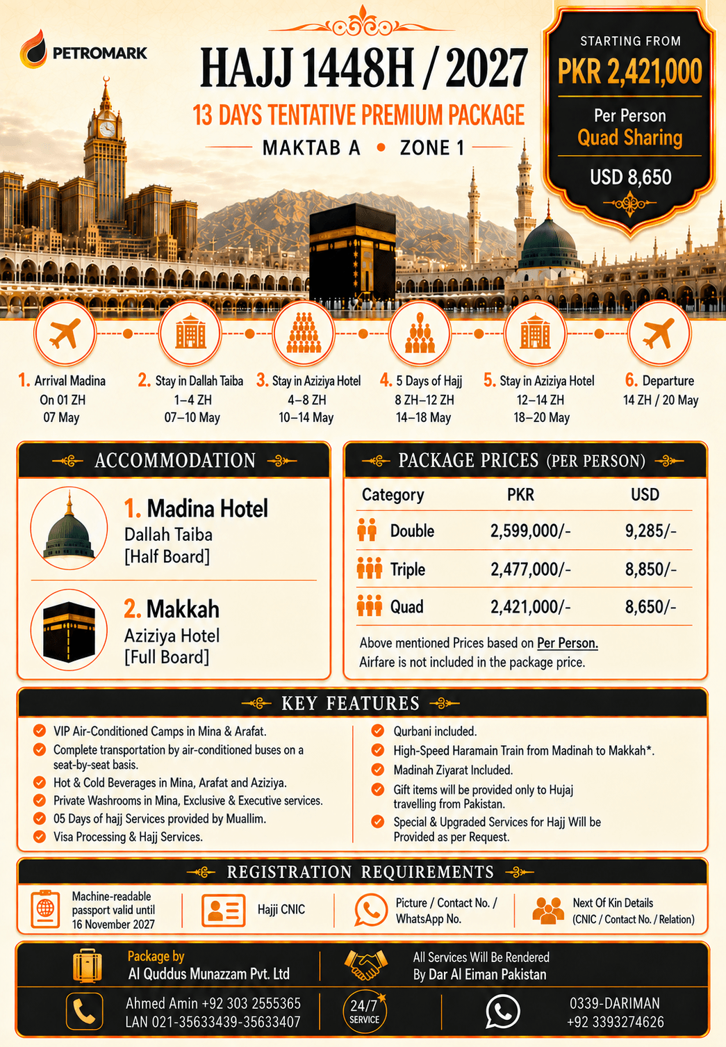 Maktab A 13 Days Premium Hajj 2027 package with Dallah Taiba and Aziziya Hotel