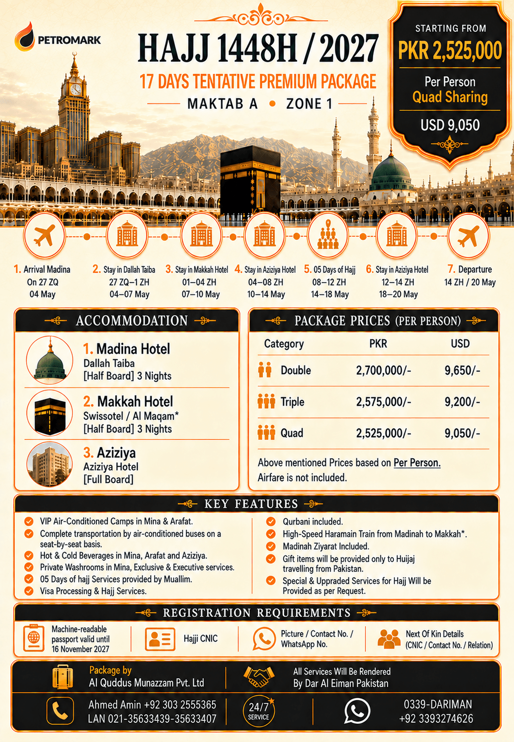 Maktab A 17 Days Premium Hajj 2027 package with Dallah Taiba, Swissotel Al Maqam, and Aziziya Hotel