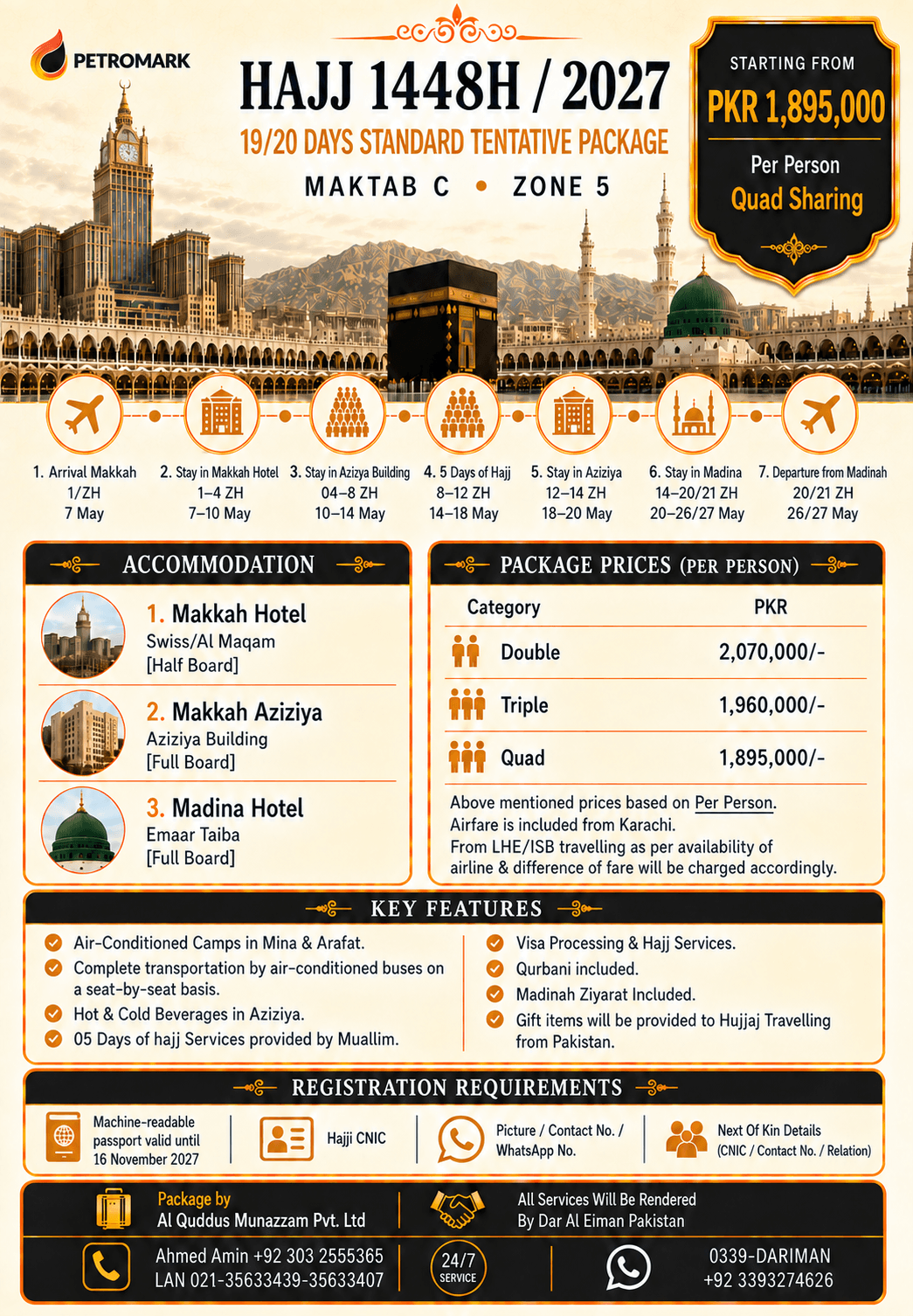 Maktab C 19/20 Days Swiss Standard Hajj 2027 package with Swiss/Al Maqam, Aziziya Building, and Emaar Taiba
